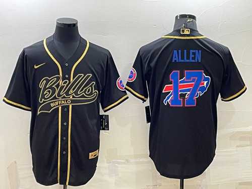 Mens Buffalo Bills #17 Josh Allen Black Gold Team Big Logo With Patch Cool Base Stitched Baseball Jersey